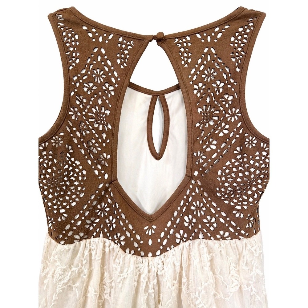 BKE Gimmicks Tank Top Women Small Brown Cream Lace Babydoll Boho Cutout Festival - Picture 9 of 13
